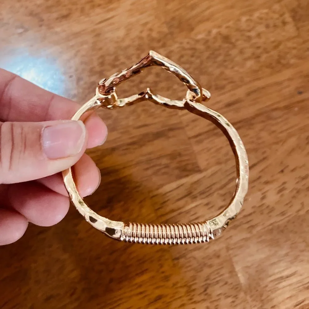 Chunky Gold Hammered Heart Cuff Bracelet Boho Statement Open Heart Bangle